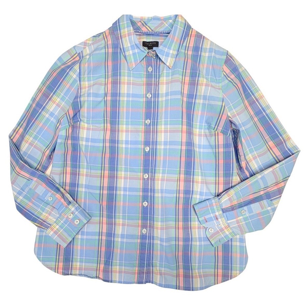 100% Cotton Pastel Multi Color Plaid Button Down Women Top Small Talbots
